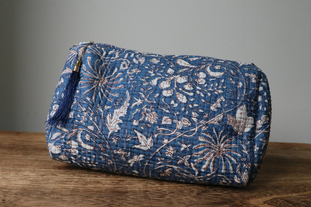 Quilted Puffy Wash Bag Set of 3 – Aesthetic Makeup & Toiletry Bags UK, Block Print Cotton Travel Pouches ,Made in India- Midnight Blue Floral