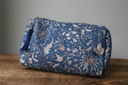 Quilted Puffy Wash Bag Set of 3 – Aesthetic Makeup & Toiletry Bags UK, Block Print Cotton Travel Pouches ,Made in India- Midnight Blue Floral