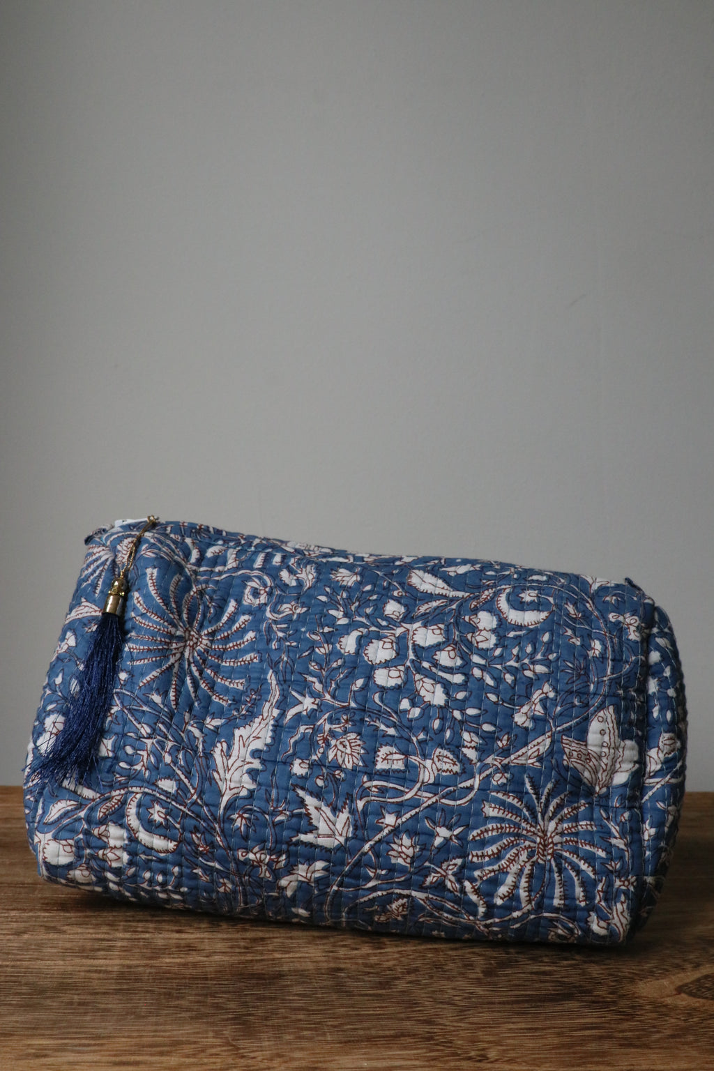 Quilted Puffy Wash Bag Set of 3 – Aesthetic Makeup & Toiletry Bags UK, Block Print Cotton Travel Pouches ,Made in India- Midnight Blue Floral