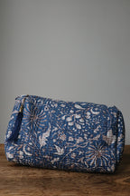 Quilted Puffy Wash Bag Set of 3 – Aesthetic Makeup & Toiletry Bags UK, Block Print Cotton Travel Pouches ,Made in India- Midnight Blue Floral