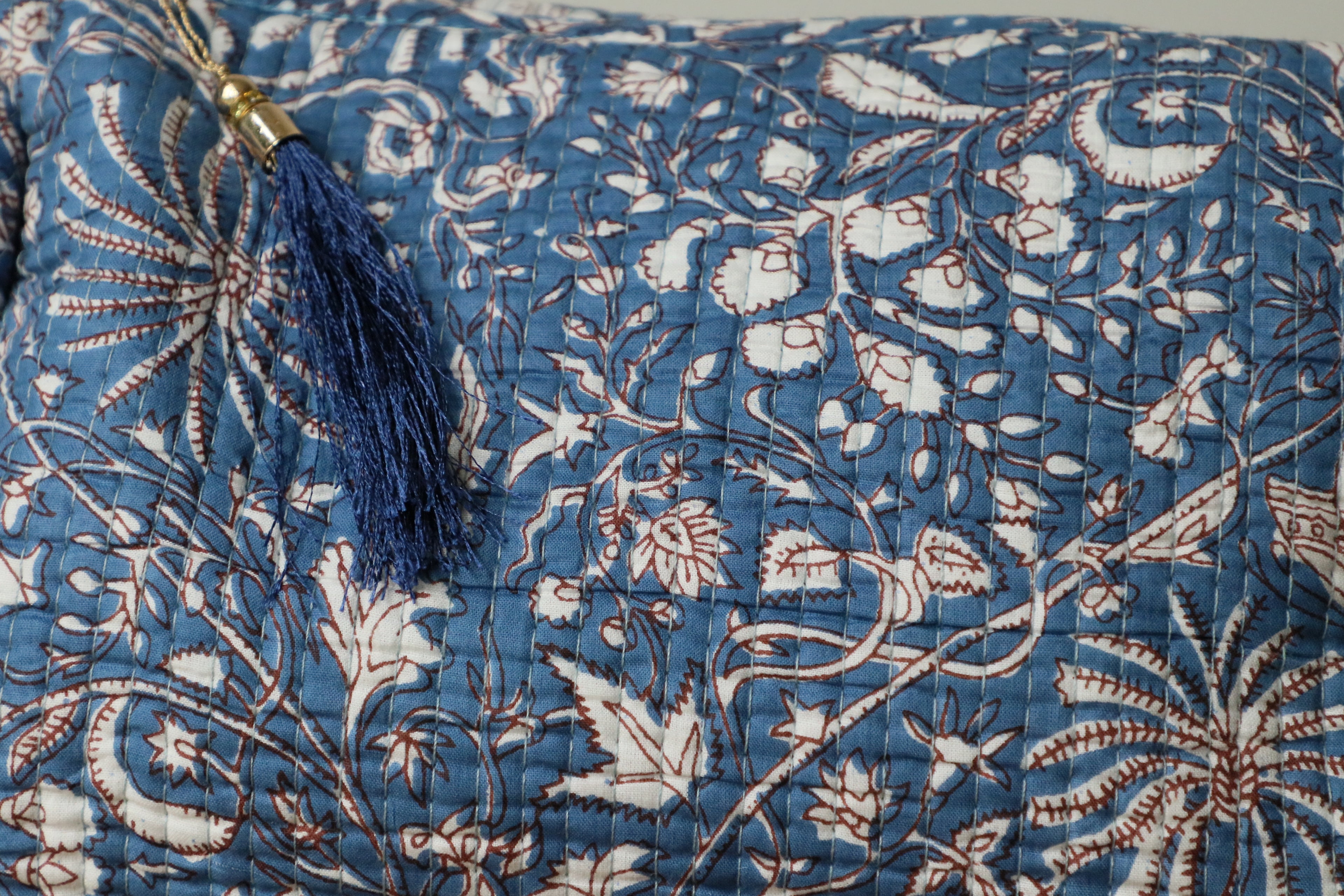 Quilted Puffy Wash Bag Set of 3 – Aesthetic Makeup & Toiletry Bags UK, Block Print Cotton Travel Pouches ,Made in India- Midnight Blue Floral