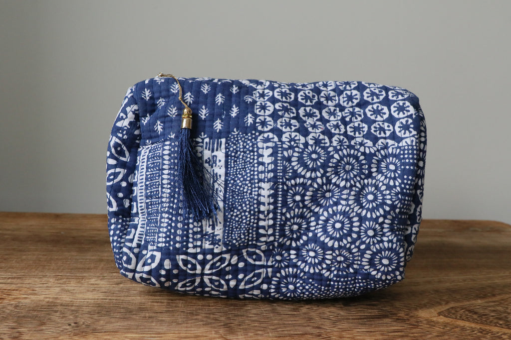 Quilted Puffy Wash Bag Set of 3 – Aesthetic Makeup & Toiletry Bags UK, Block Print Cotton Travel Pouches ,Made in India- Royal Blue