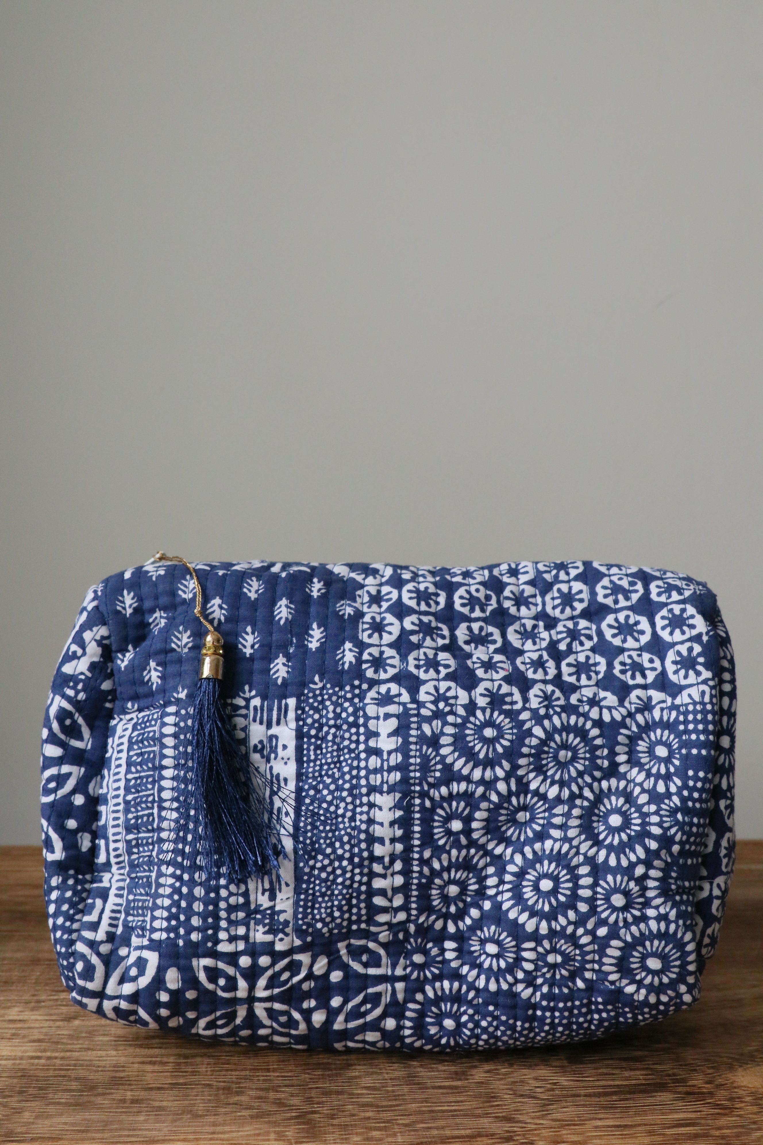 Quilted Puffy Wash Bag Set of 3 – Aesthetic Makeup & Toiletry Bags UK, Block Print Cotton Travel Pouches ,Made in India- Royal Blue