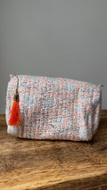 Quilted Puffy Wash Bag Set of 3 – Aesthetic Makeup & Toiletry Bags UK, Block Print Cotton Travel Pouches ,Made in India- Peach Floral Print