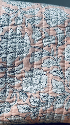 Quilted Puffy Wash Bag Set of 3 – Aesthetic Makeup & Toiletry Bags UK, Block Print Cotton Travel Pouches ,Made in India- Peach Floral Print