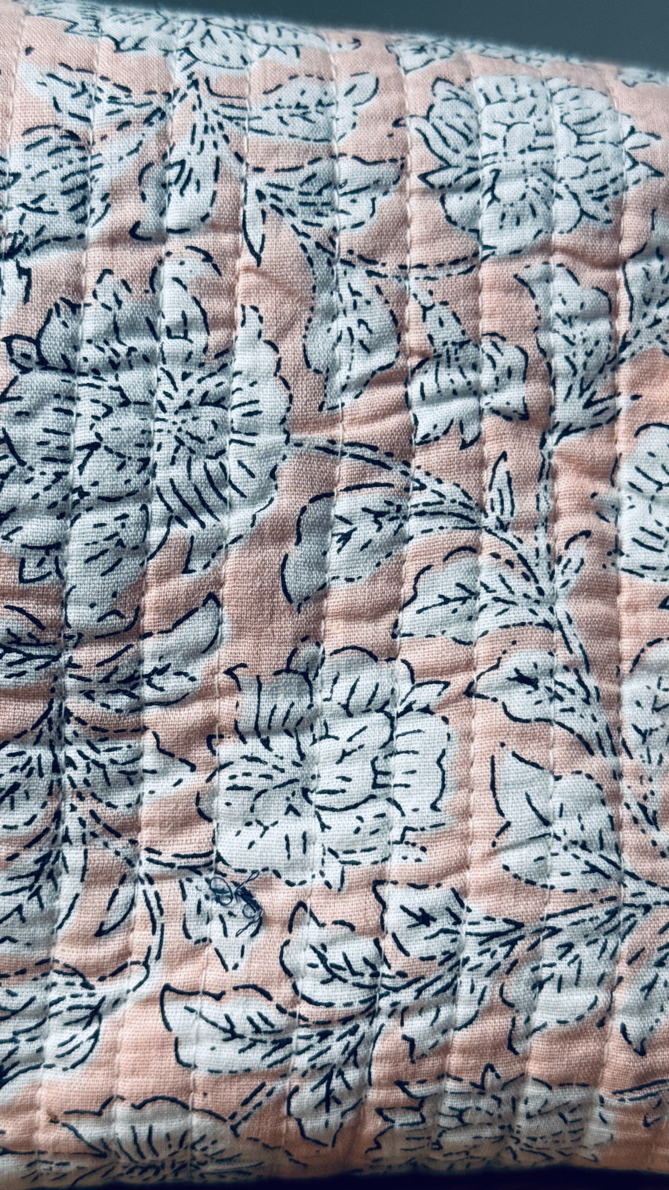 Quilted Puffy Wash Bag Set of 3 – Aesthetic Makeup & Toiletry Bags UK, Block Print Cotton Travel Pouches ,Made in India- Peach Floral Print