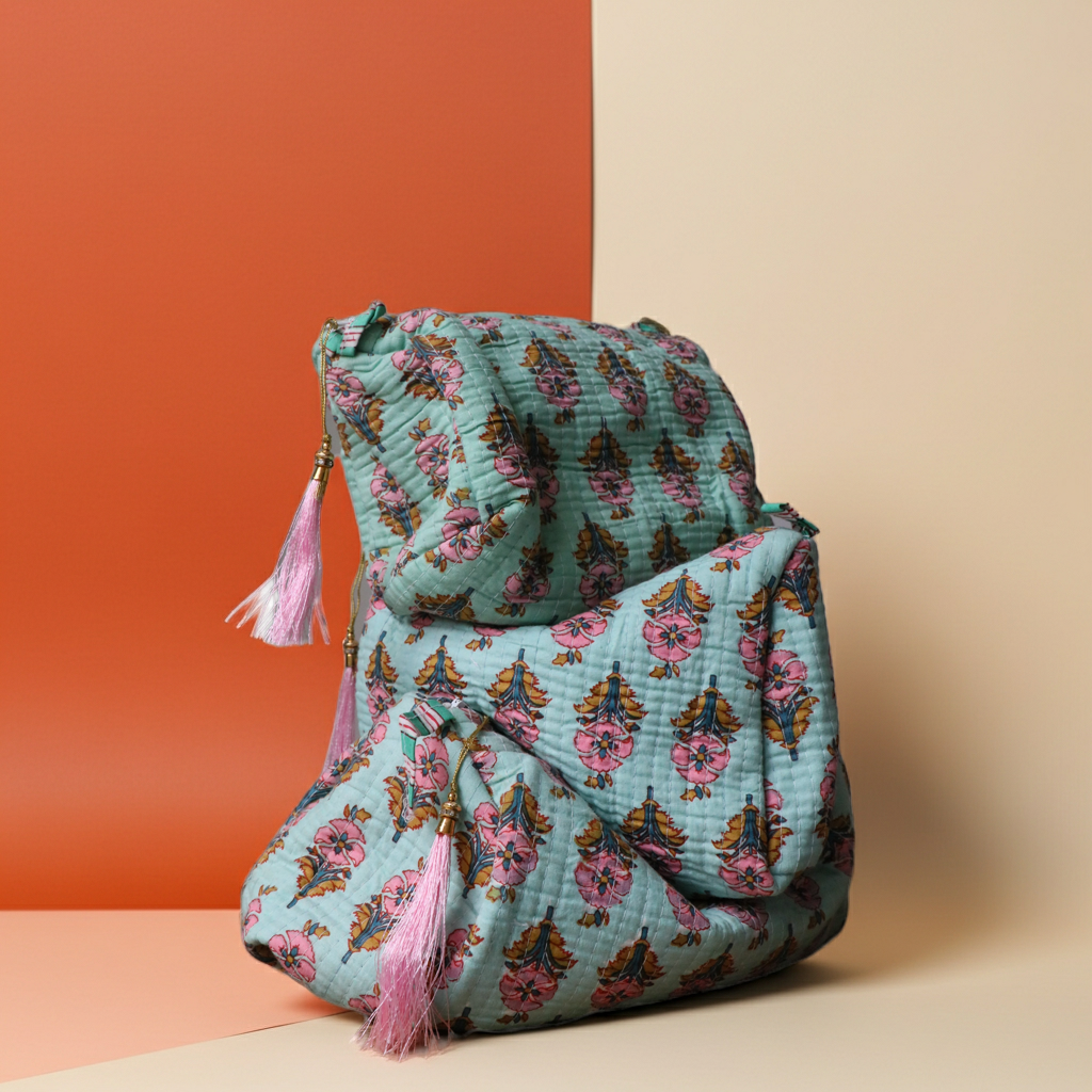 Quilted Puffy Wash Bag Set of 3 – Aesthetic Makeup & Toiletry Bags UK, Block Print Cotton Travel Pouches ,Made in India- Green Pink