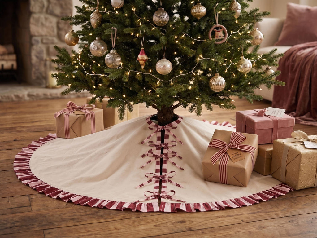 Christmas Tree Skirt with ruffles | Canvas Tree Skirt with striped Red ruffles| Christmas Decor