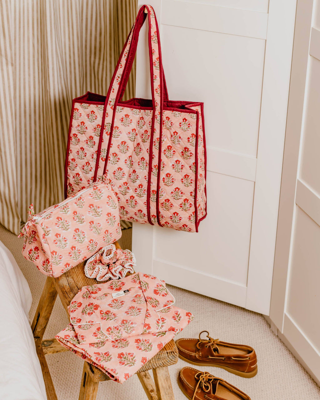 Hand Block Print Tote Bag - Apricot Floral
