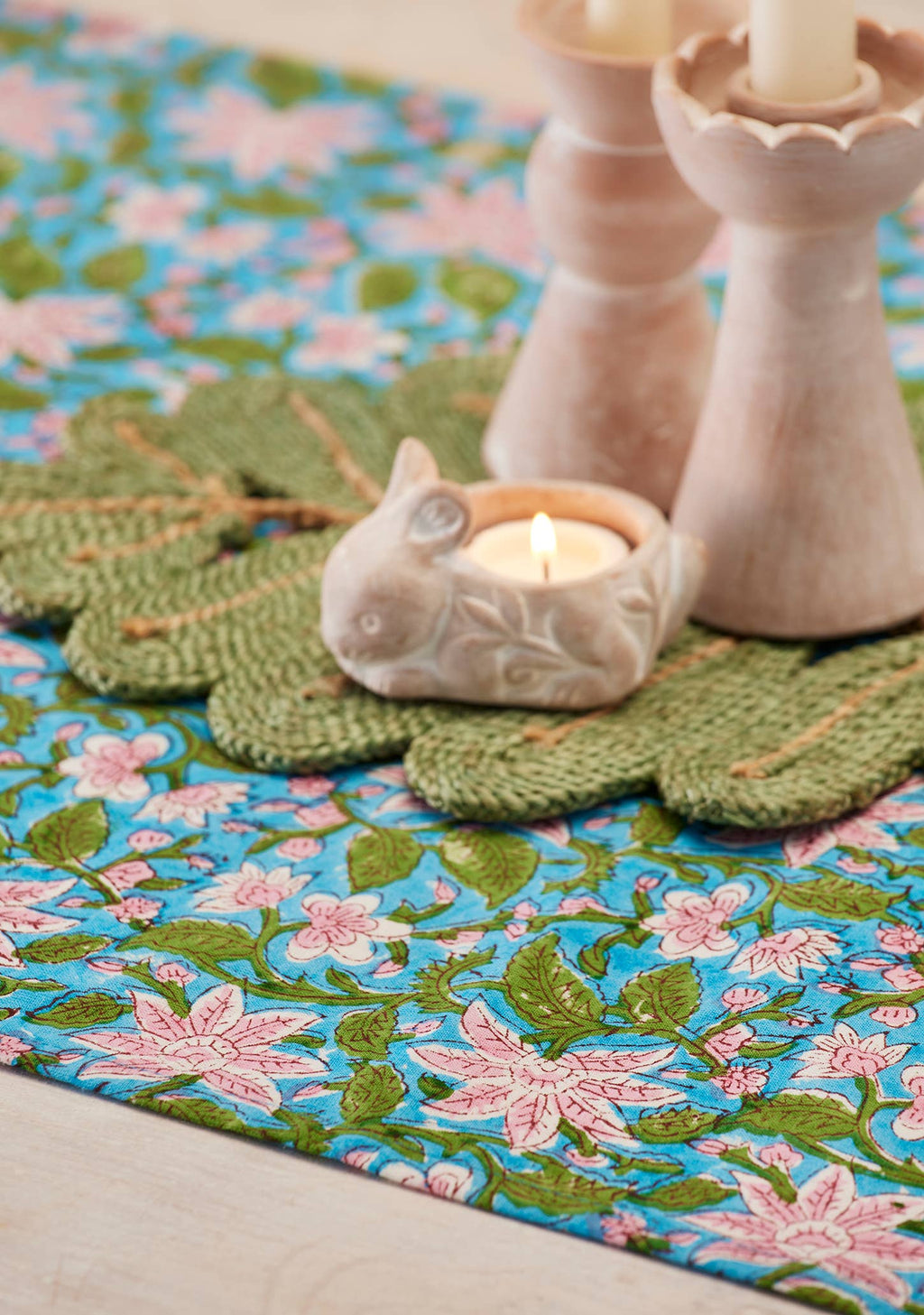 Hand Block printed Table runner-Floral pink and Blue Lily print