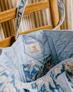 Indian Hand Block Print Tote Bag- Jade Peony print /Blue
