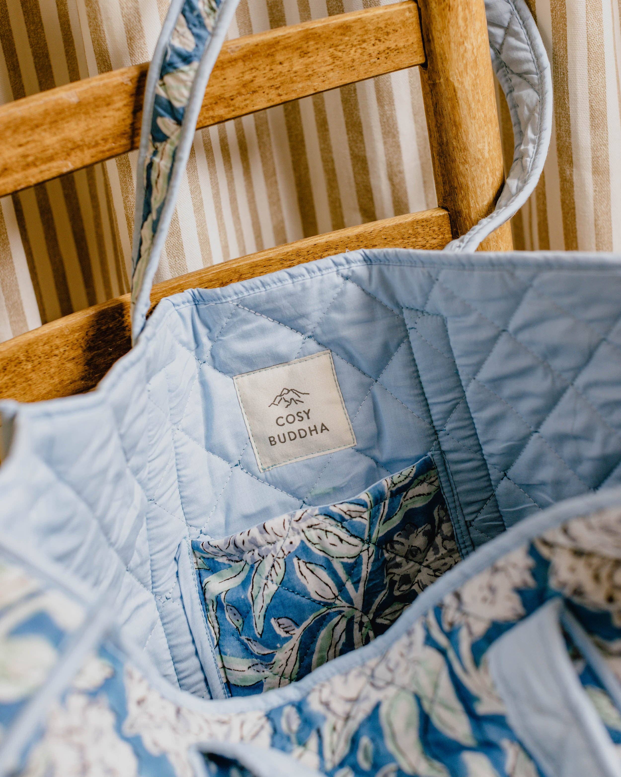 Indian Hand Block Print Tote Bag- Jade Peony print /Blue