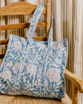 Indian Hand Block Print Tote Bag- Jade Peony print /Blue