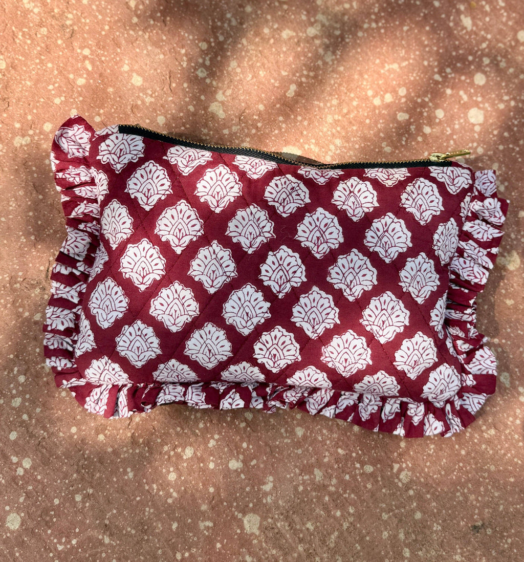 Indian Block Printed Burgundy Ruffle Clutch