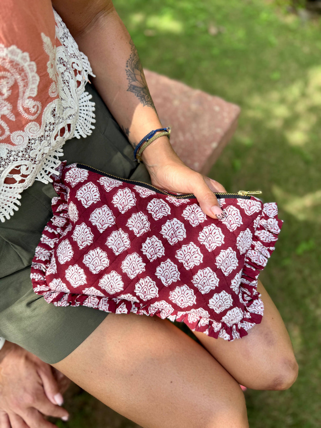 Indian Block Printed Burgundy Ruffle Clutch
