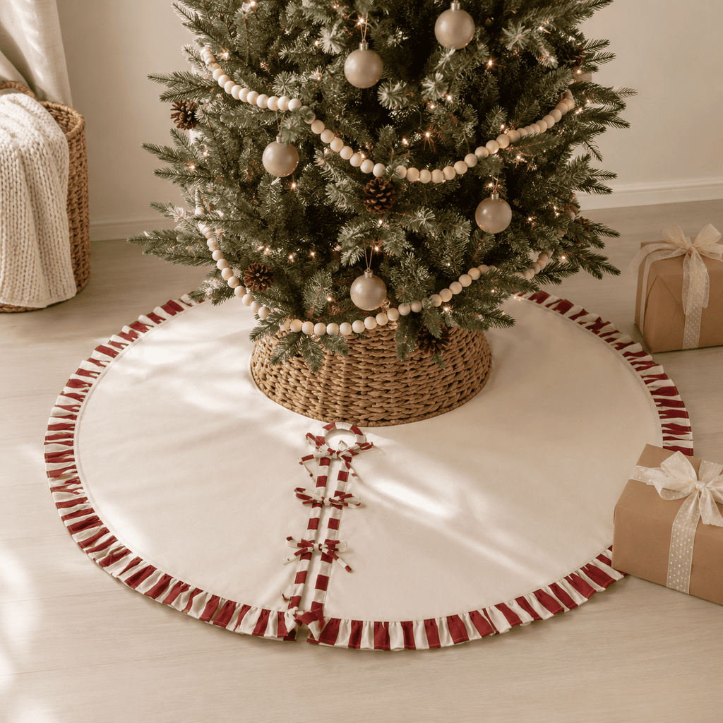 Christmas Tree Skirt with ruffles | Canvas Tree Skirt with striped Red ruffles| Christmas Decor