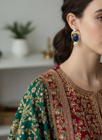 Vintage Gold Blue Drop Earrings , Pearl Stud, Bird & Leaf Detail
