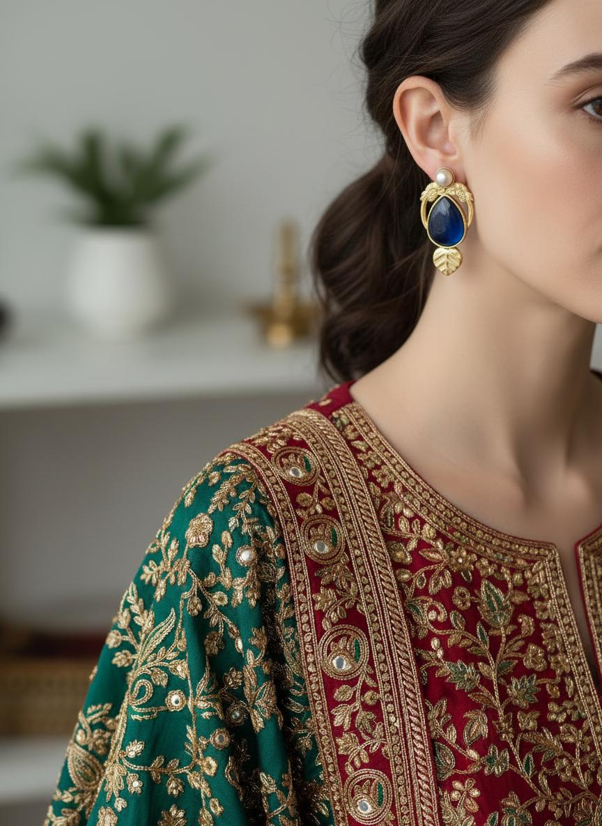 Vintage Gold Blue Drop Earrings , Pearl Stud, Bird & Leaf Detail