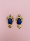 Vintage Gold Blue Drop Earrings , Pearl Stud, Bird & Leaf Detail