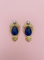 Vintage Gold Blue Drop Earrings , Pearl Stud, Bird & Leaf Detail
