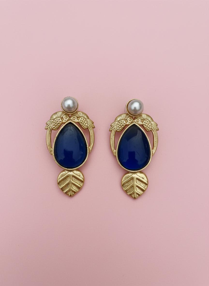 Vintage Gold Blue Drop Earrings , Pearl Stud, Bird & Leaf Detail