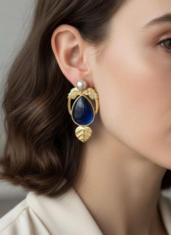 Vintage Gold Blue Drop Earrings , Pearl Stud, Bird & Leaf Detail