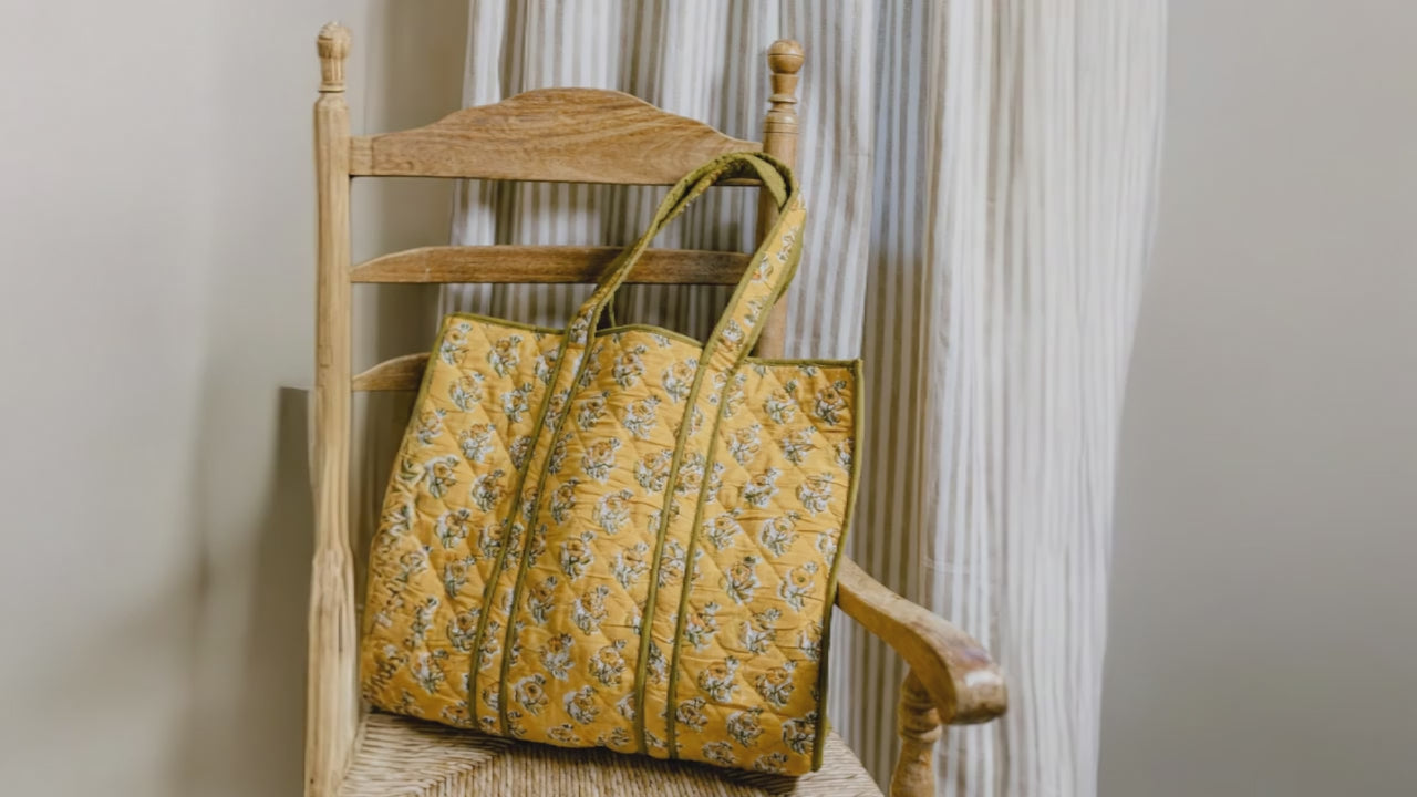 Hand block printed cotton tote bag in yellow marigold flowers