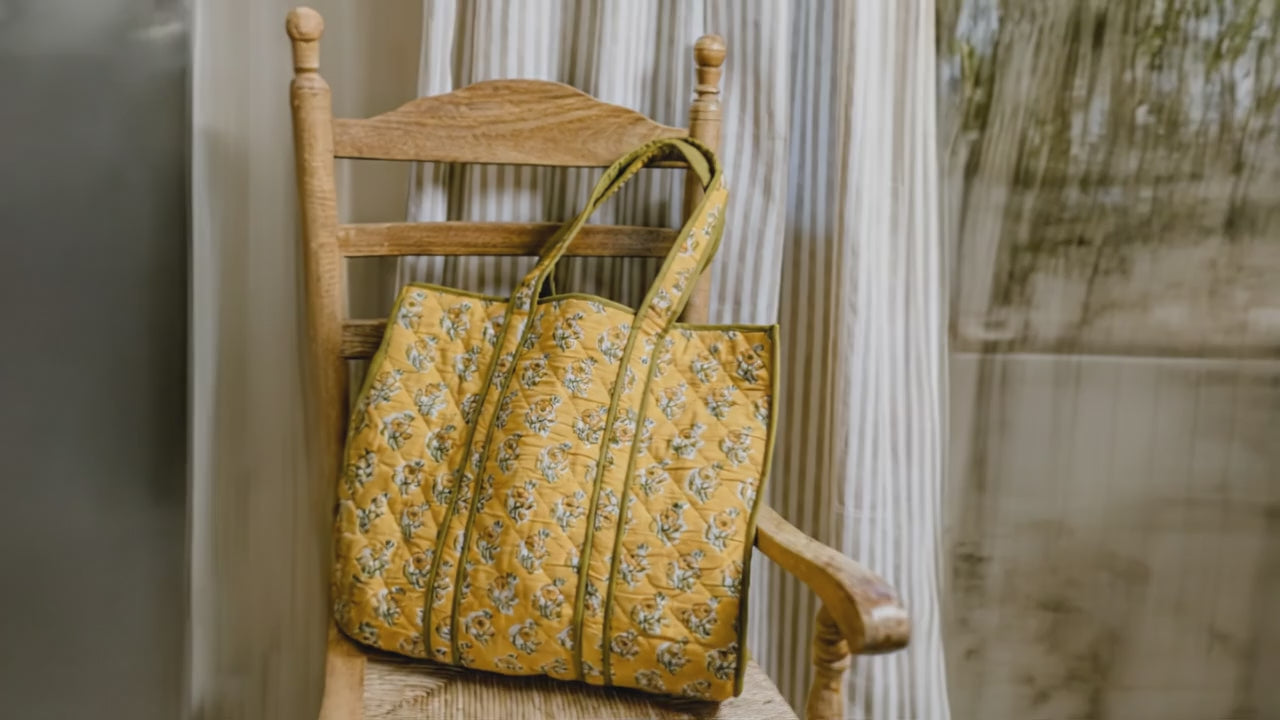 Hand block printed cotton tote bag in yellow marigold flowers 